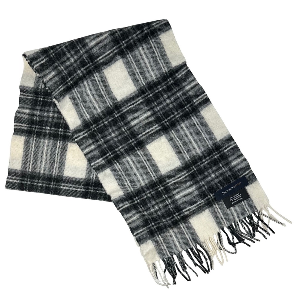 Johnstons of Elgin Tartan Plaid Wool Scarf Black White Heritage 74x 11.5"